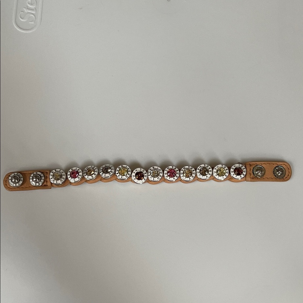 Henri Bendel Brown Leather Bracelet with Red and Clear Crystals